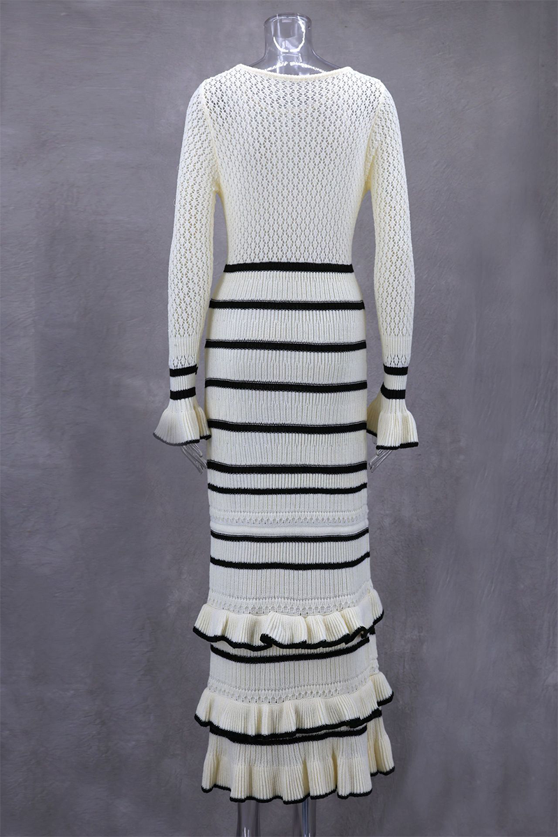Stripe Ruffle Weave Contrast O Neck Wrapped Skirt Dresses