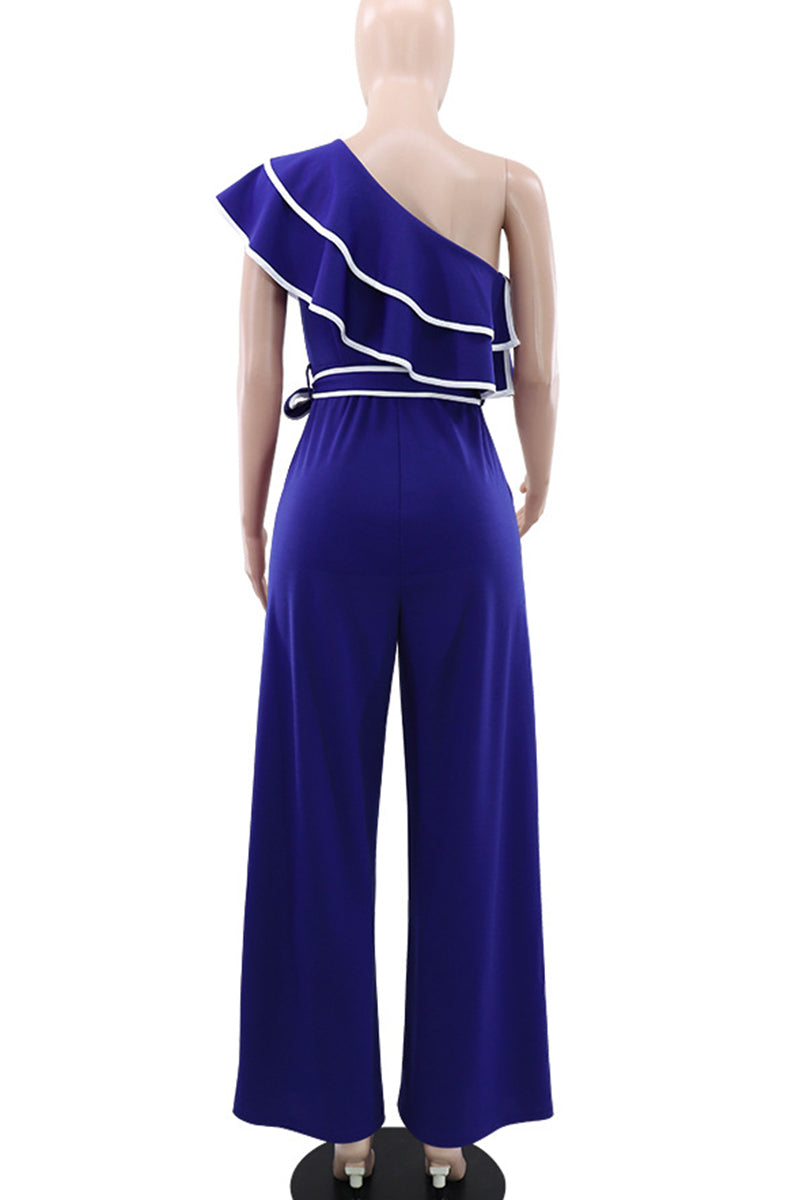 Patchwork Strap Design Contrast Ruffled Trim Oblique Collar Loose Jumpsuits
