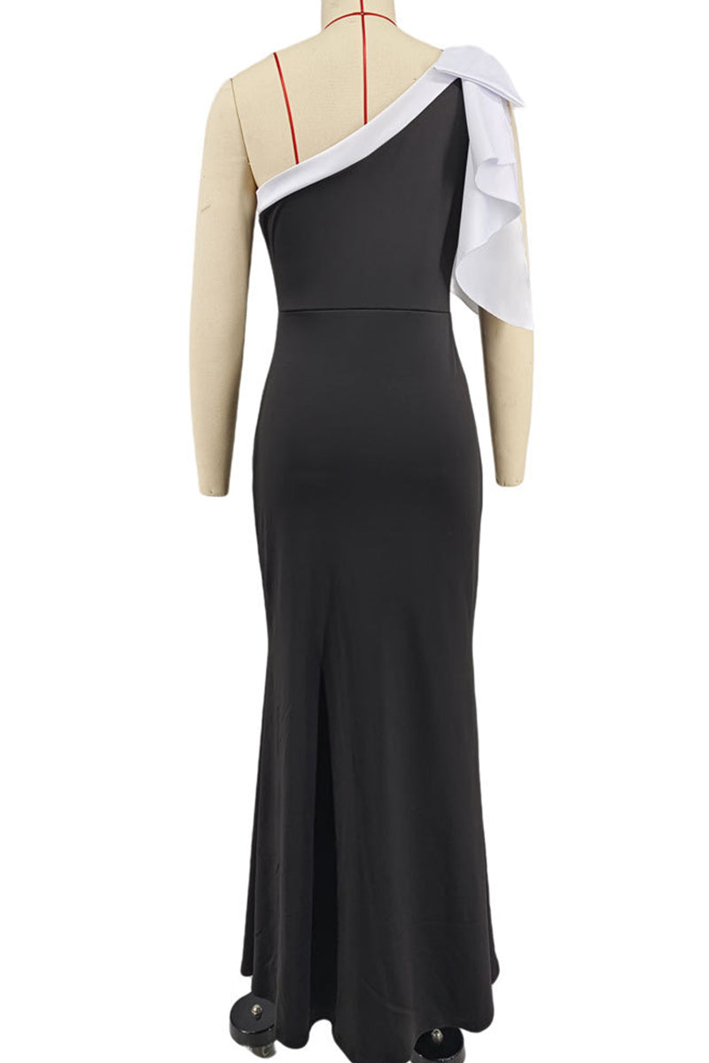 Patchwork Contrast Oblique Collar Long Dresses