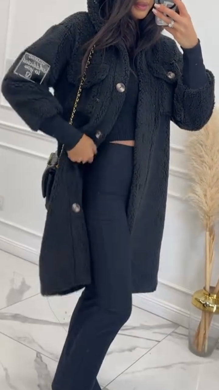 Hooded Buttoned Plush Coat