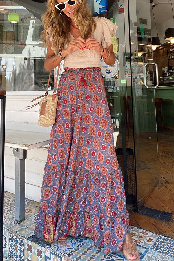 Audrina Print Elastic Waist Tassel Maxi Skirt