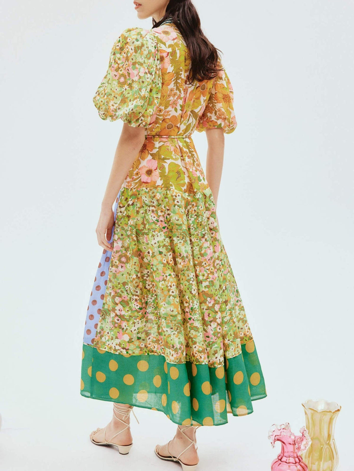 Exquisite Retro Print Puff Sleeve Midi Dress