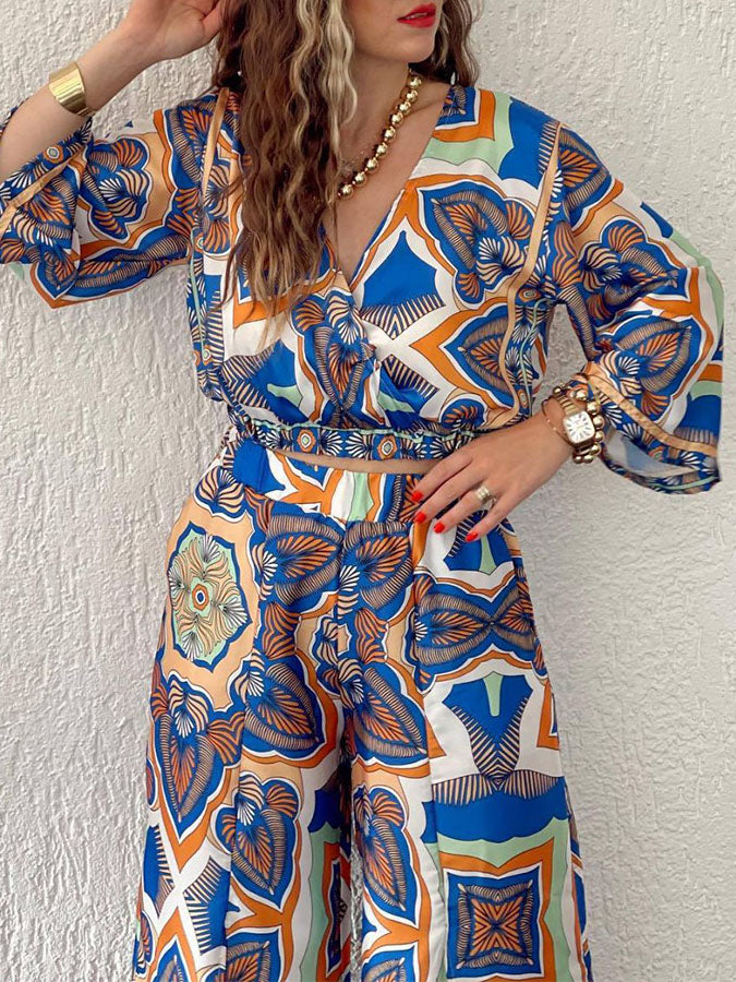 V Neck Long Sleeves Printed Shirt and Wide-leg Pants Sets