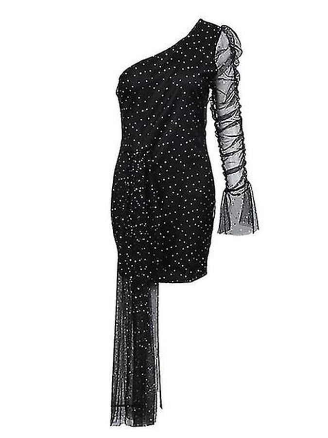 One Shoulder Sequined Black Mini Dress