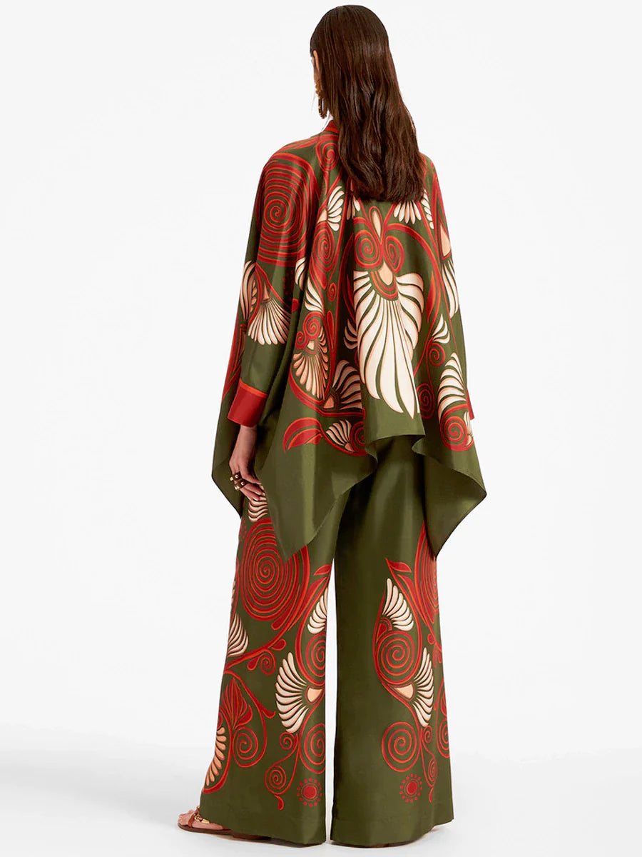 Fine Satin Print Batwing Sleeve Pants Set - Dark Green