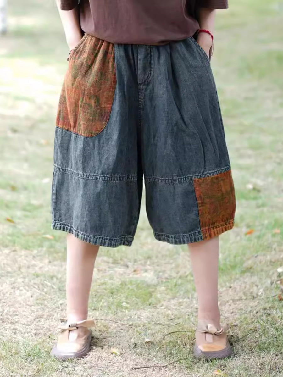 Summer Patch Spliced Denim Fifth Pants Pp1009
