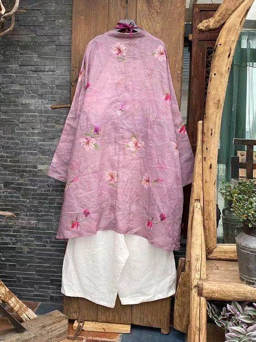Summer Flower Button-up Ramie Shirt Coat Fd008