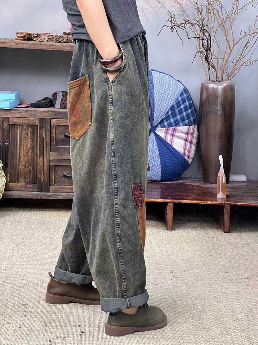 Summer Retro Patch Spliced Denim Harem Pants Fd047