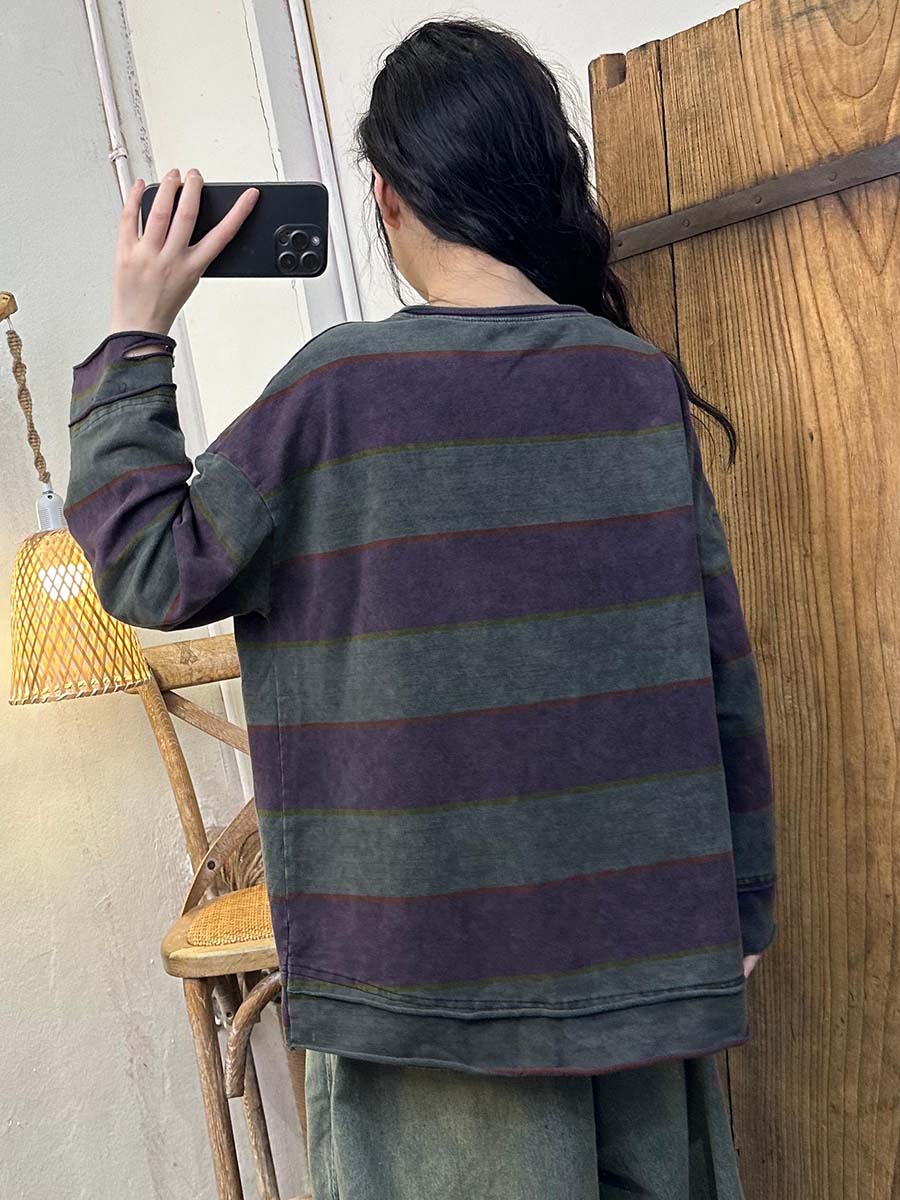 Autumn Colorblock Stripe O-neck Cotton Blouse At1071