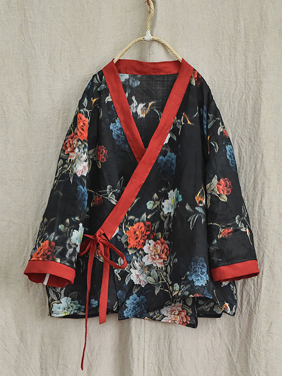 V-neck Colorblock Strap Ramie Blouse Ai1018