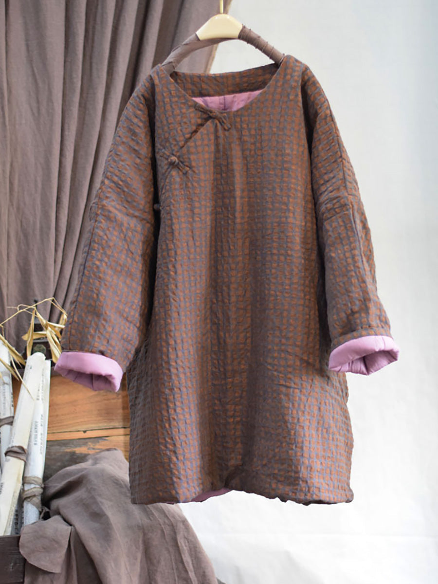 Autumn Plaid Button O-neck Linen Padded Coat Ai1059