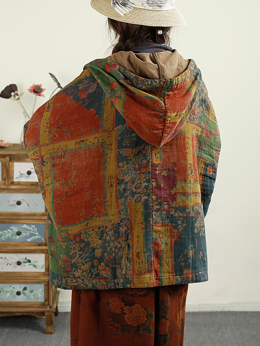 Autumn Flower Patchwork Cotton Hooded Coat Ax1025