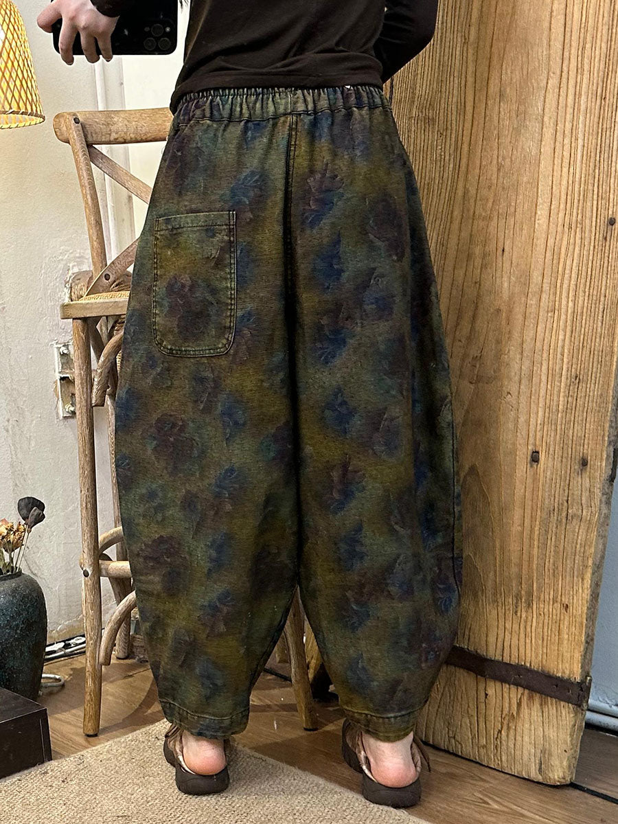 Autumn Retro Flower Spliced Denim Harem Pants Ax1039