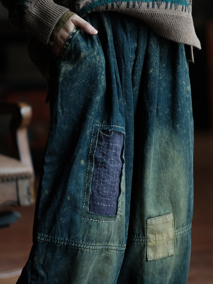 Autumn Retro Patch Spliced Denim Wide-leg Pants Wg028