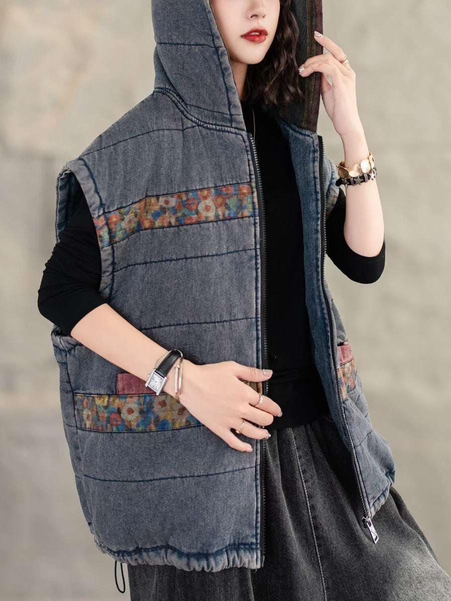 Retro Spliced Hooded Cotton Padded Vest Coat Wg007