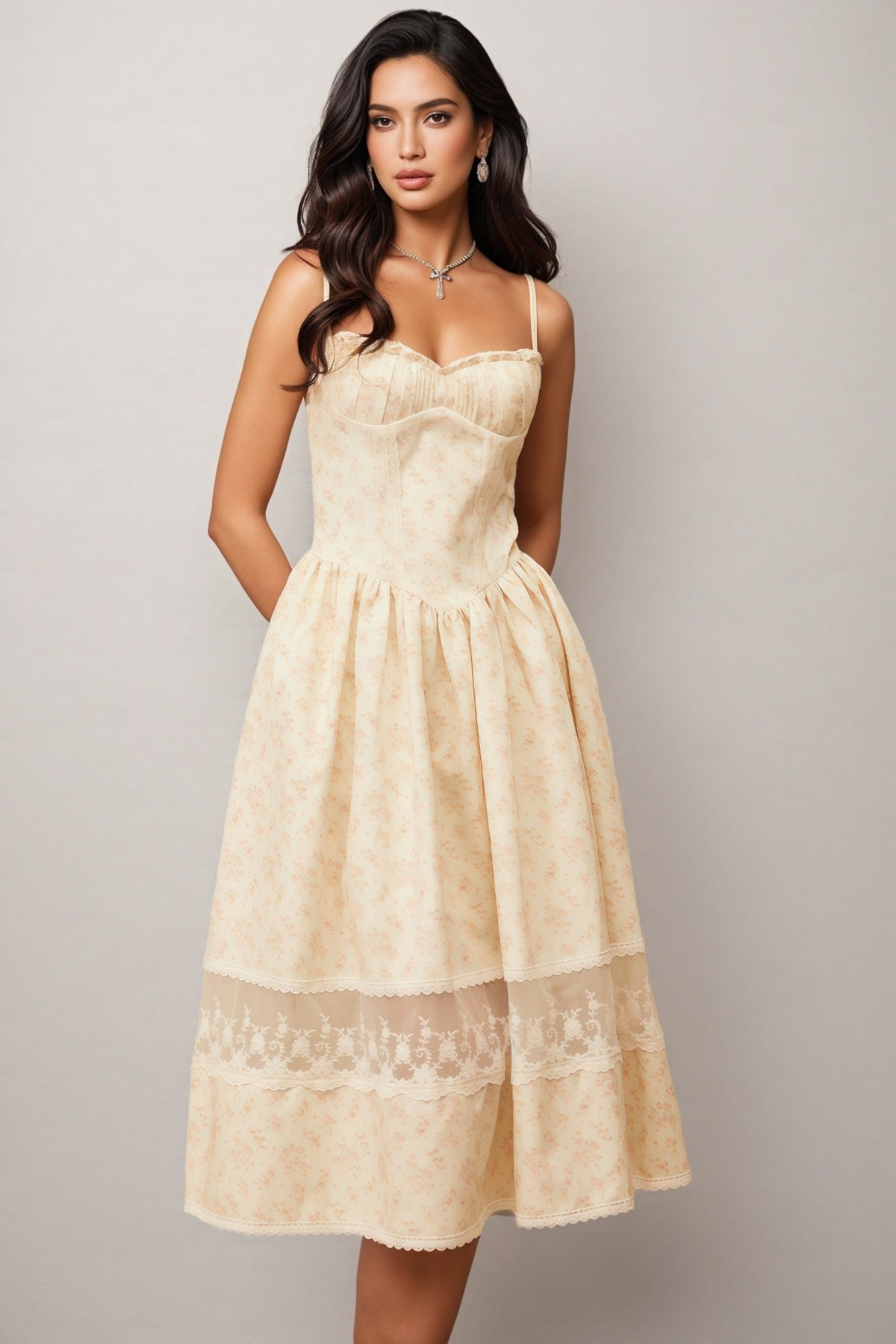 Adrienne Neutral Lace Trim Midi Dress