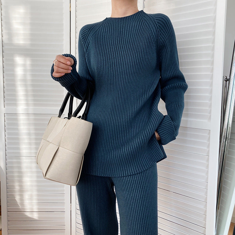 Autumn Winter Fashionable With Side Slit Sweater Suit Thickened Knitting Wide Leg Pants Two Piece Set Female
