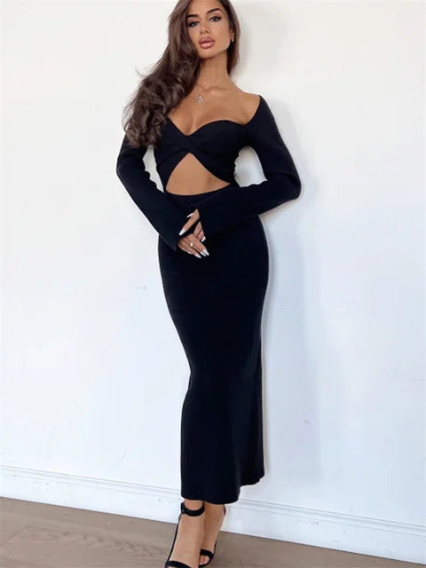 Knitwear Ribbed Hollow Out Long Dress – ’s Twist Long Sleeve Patchwork Maxi Dress