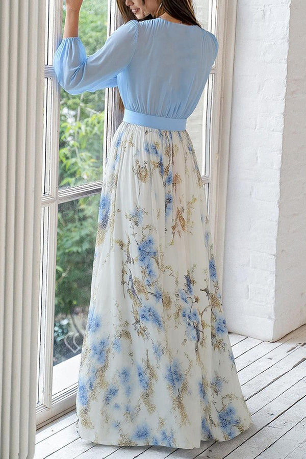 Plant Print V-neck Long Sleeve Stitching Maxi Dress