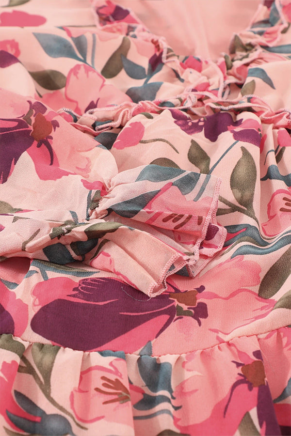 Pastel Red Print Ruffle Trim Plunge Neckline Maxi Dress
