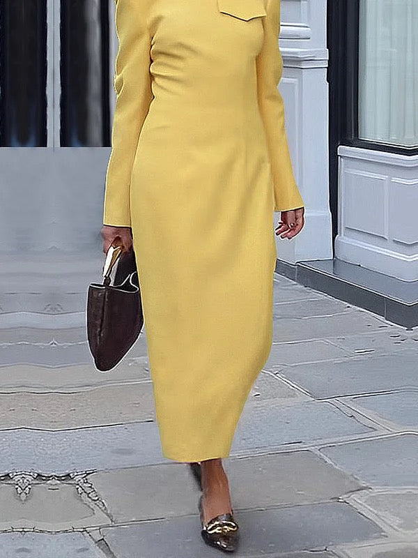 Long Sleeves Loose Color Split-joint Lapel Maxi Dresses