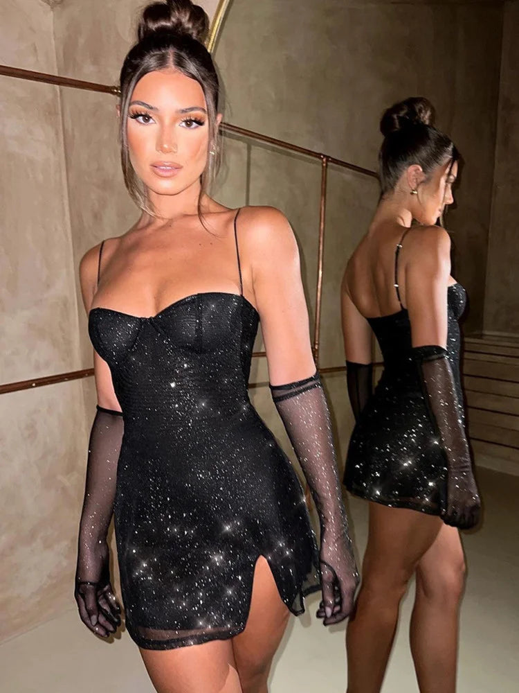 Sparkle Mini Dress New Spaghetti Strap With Sleeve Backless Sleeveless Glitter Club Party Dress Vestido