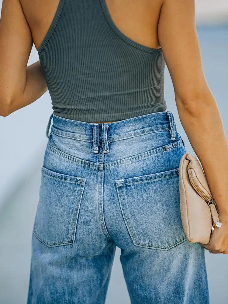 High-waist Ripped Wide-leg Denim Pants