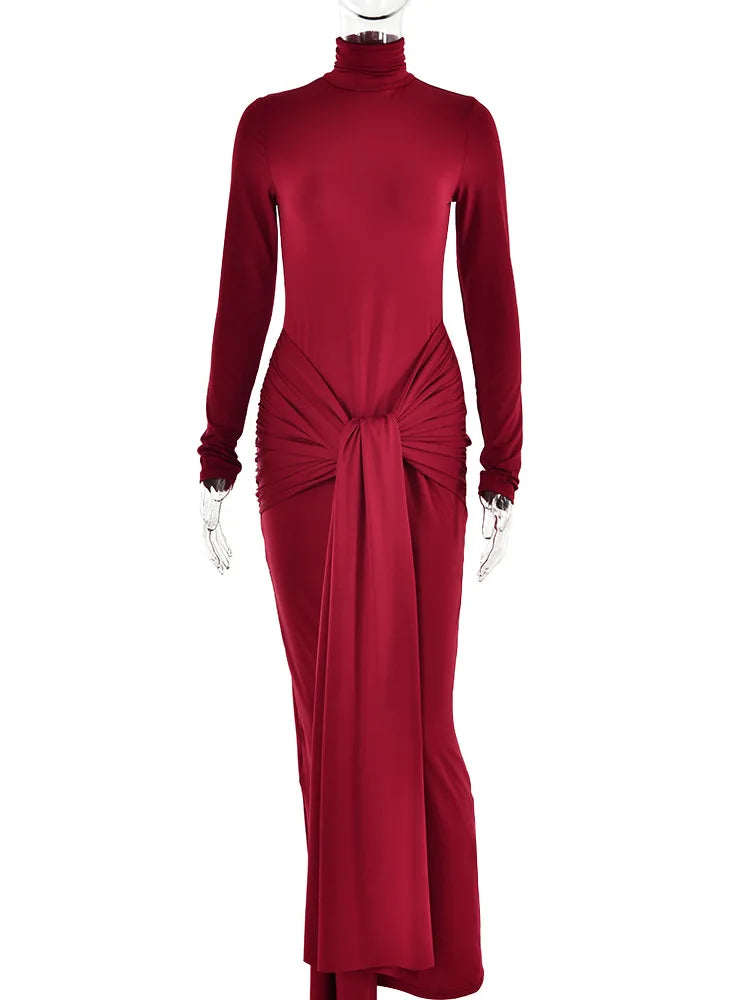 High Neck Long Sleeve Bodycon Dress for Tight Elastic Lace Up Maxi Long Dress Autumn New Party Club Vestidos