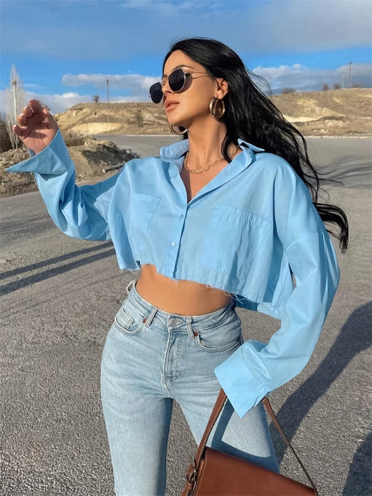 Lapel Pocket Shirts for Long Sleeve Loose Patchwork Crop Top Y2k Outfit High Street Cardigan Blouse