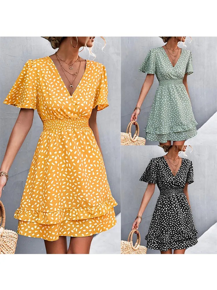 V Neck Mini Dress for Slim Short Dresses Female Lotus Leaf Sleeve Dress