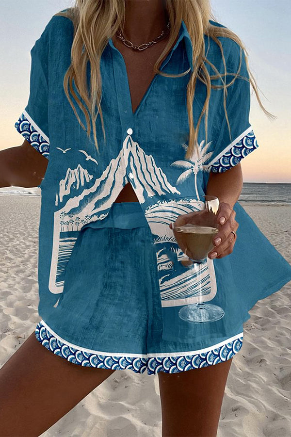 Holiday Print Loose Button Elastic Waist Shorts Set