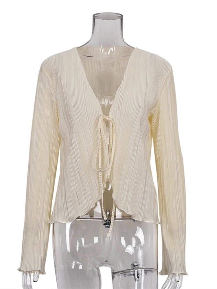 French Blouse Folds V-neck Cardigan for Long Sleeve Slim Ruffles Top Summer Streetwears