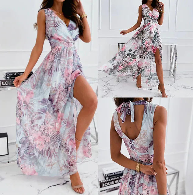 Chiffon Flower Print Sleeveless Long Dresses V-neck Backless Leace-up Slit Dress Temperament Summer Maxi Vestidos Female