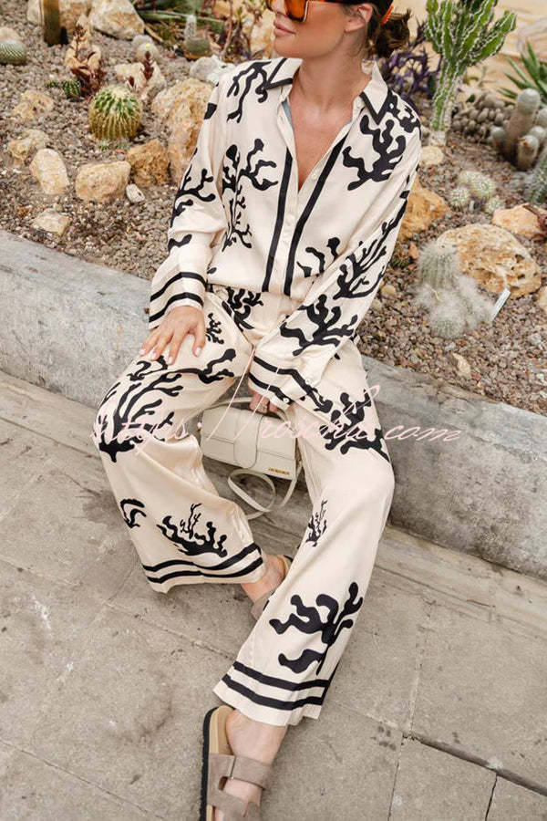 From Desk to Dinner Satin Unique Print Button Down Oversized Blouse