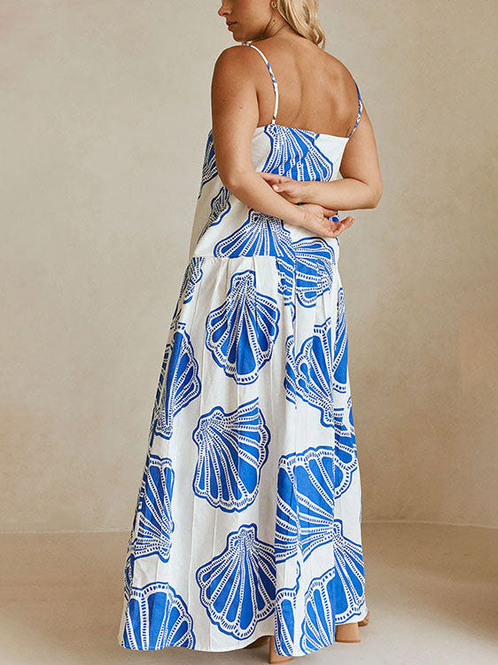 Holiday Ocean Shell Print Sling Maxi Dress