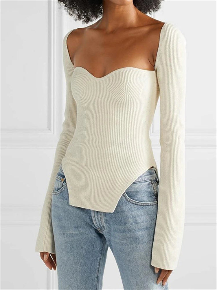 Long Sleeve Sweater Autumn Knit Ribbed Top Knitted Tops Pullover Off-shoulder Knitwear Black