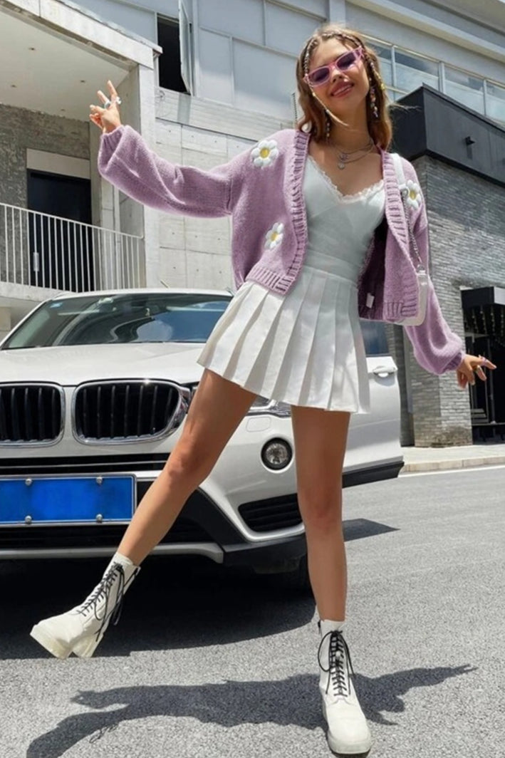 Sweet Pattern Loose Cropped Knit Cardigan