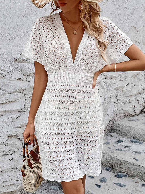 Loose Short Sleeves Hollow See-through Color Deep V-neck Mini Dresses