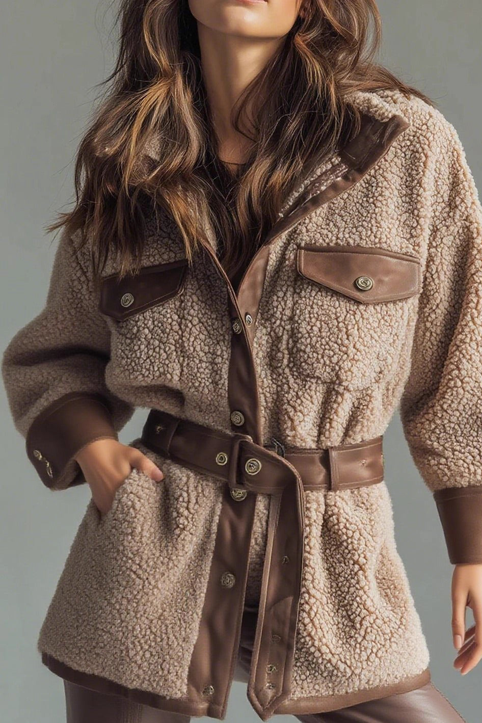 Fleece Paneled Pocket Belted Coat