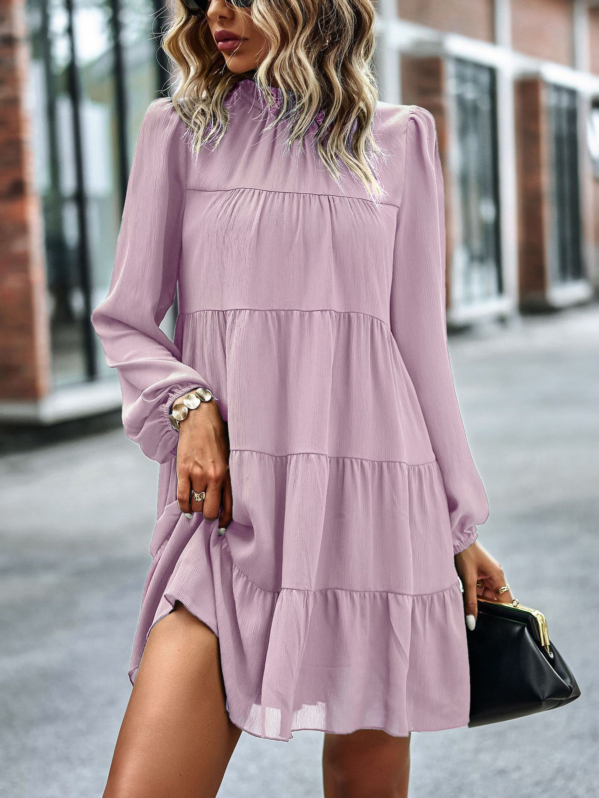 A-line Bishop Sleeve Elasticity Pleated Color Split-joint Tied Mock Neck Mini Dresses