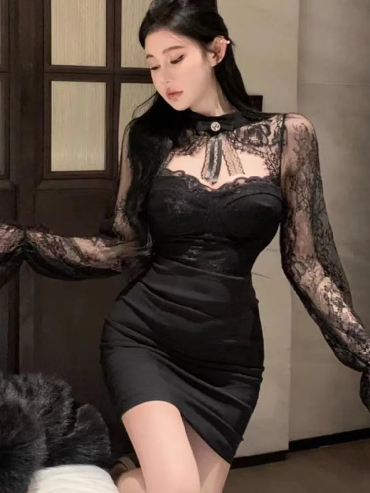 Mini Dress Lace Patchwork Flare Sleeve Hollow Out Autumn Spring Y2k Bodycon Wrap Hip Evening Party Vestidos Mujer New