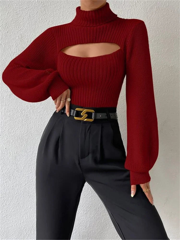 Hollow Out Knit Sweater Pullover for Turtleneck Ribbed High Street Long Sleeve Knitwear Loose Sweater Female