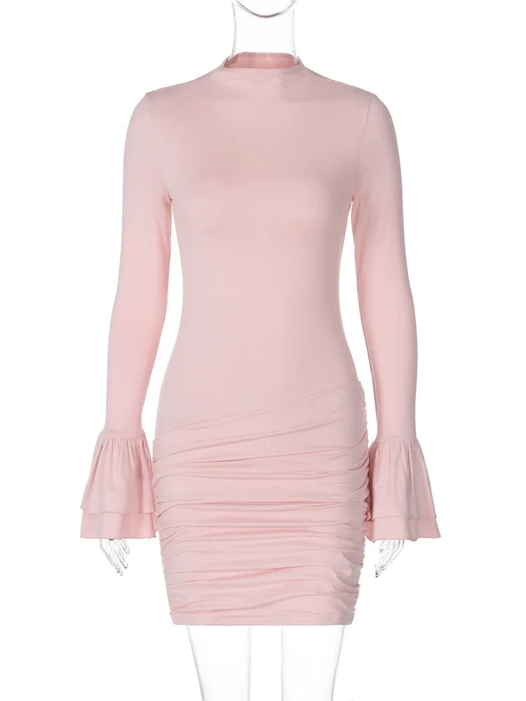 Ruffled Patchwork High Waist Mini Dress ’s Pleated Skinny Y2k Autumn Party Dress Female Dress