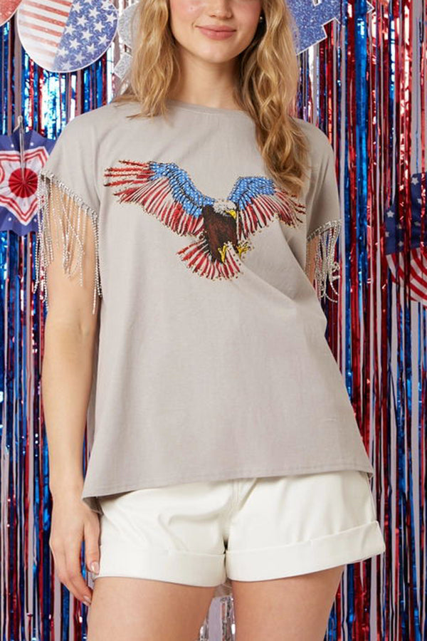 Extraordinary American Eagle Print Rhinestone Tassel Short Sleeve T-shirt