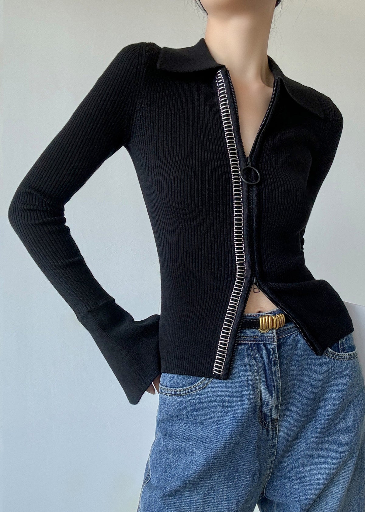Italian Black Peter Pan Collar Zip Up Patchwork Woolen Sweaters Winter Rv028