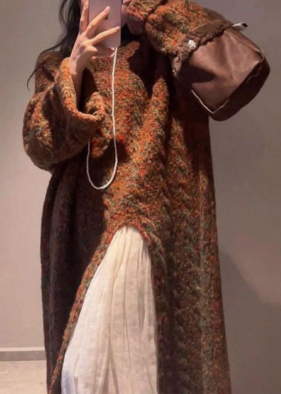Handmade Coffee O-neck Asymmetrical Cotton Knit Long Sweaters Winter Wv024