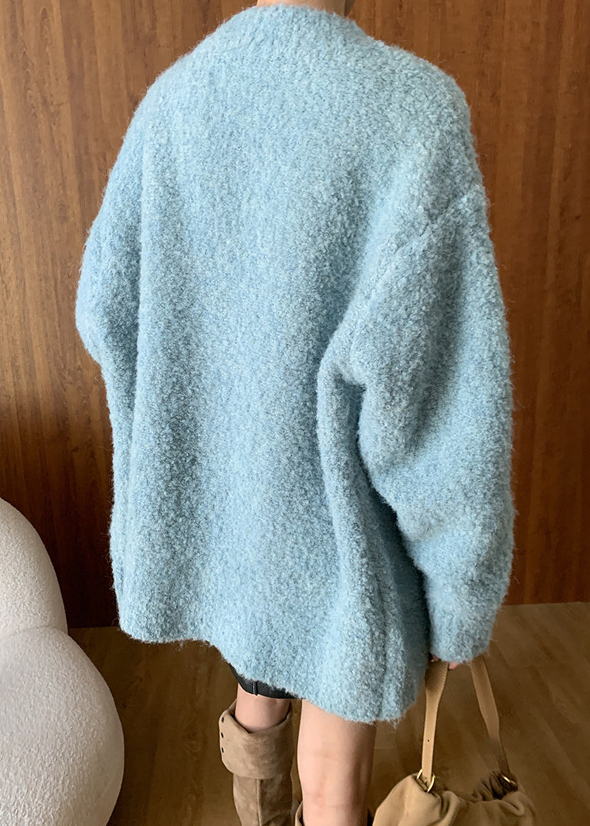 Blue V Neck Button Woolen Cardigans Fall Wd005