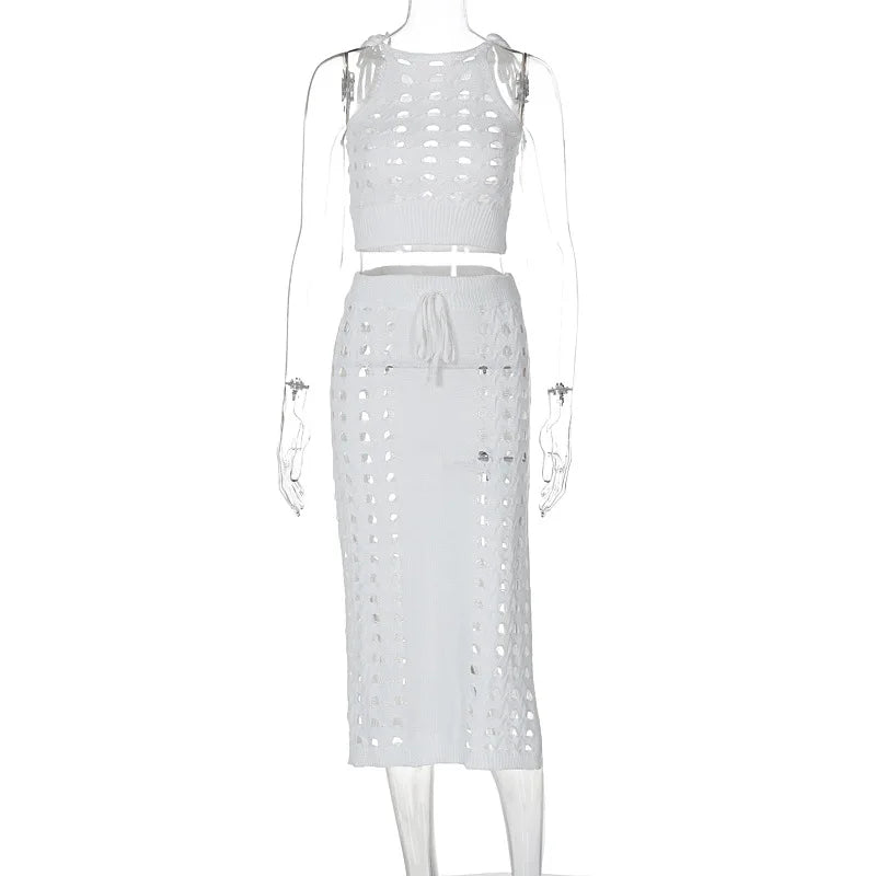 Slim Hollow Out Skirt Suit Knitted for Sleeveless Strapless Top Summer New High Waisted Lace Up Split Long Skirt
