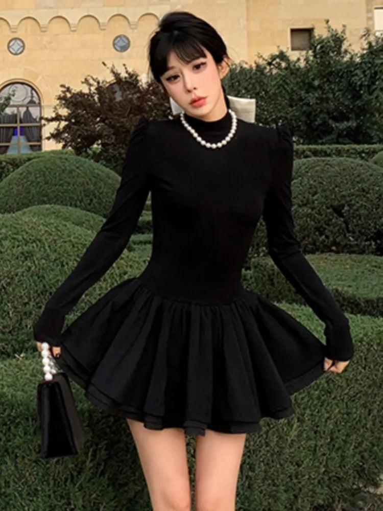 Knitted Dress Long Sleeve Half High Collar A-line Mini Dresses Autumn Winter Birthday Party Vestidos Trend