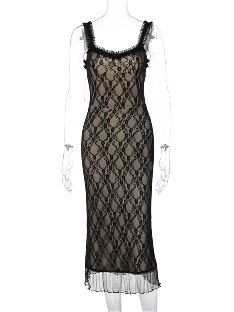 Printed Lace Backless Long Dress Female Spaghetti Ruffled Patchwork Slim See-through Party Dress Lace-up Maxi Dress